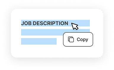 Highlighted job description with a copy button for quick pasting into the cover letter tool