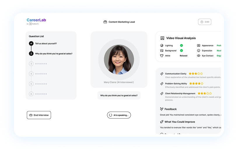 CareerLab AI Interviewer dashboard showing question list, live camera, and video visual analysis